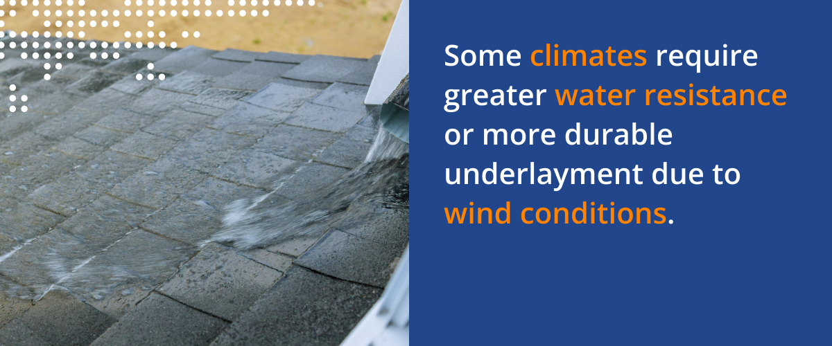 Water from gutter running on into a tiled roof. Image Text: Some climates require greater water resistance or more durable underlayment due to wind conditions.