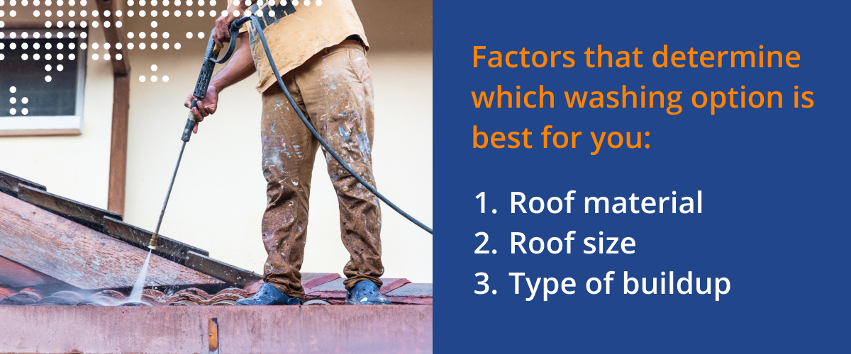 Factors that determine which washing option is best for you: roof material, roof size, and type of buildup.