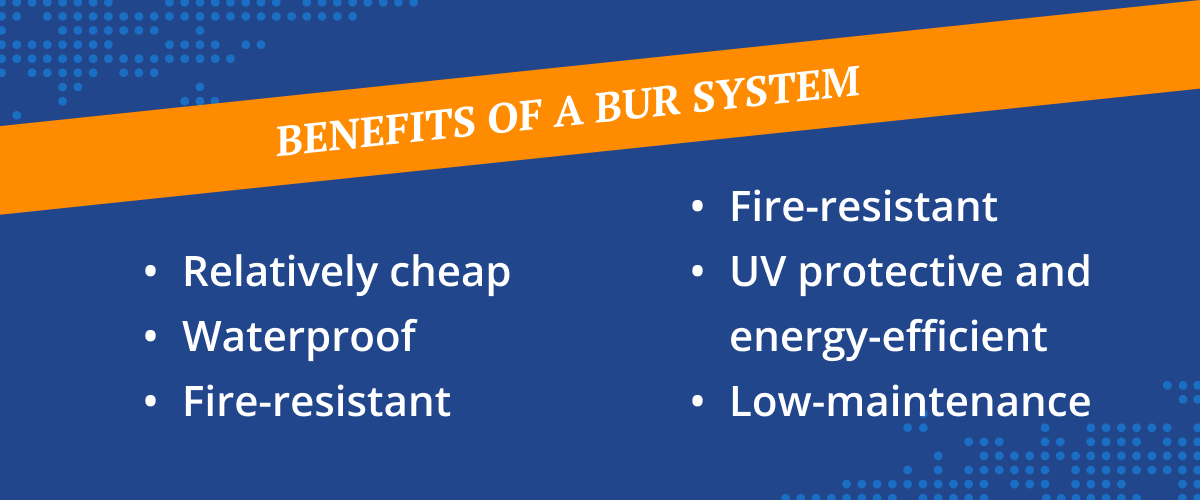 Benefits of a bur system: relatively cheap, waterproof, fire-resistant, UV protective and energy-efficient, and low-maintenance.